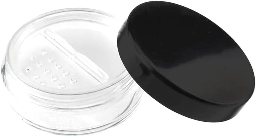 HAHIYO 1Pcs 10ml/0.34oz Plastic Empty Travel Compact Case Makeup Cosmetic Jar Refillable Powder Box No Leak Powder Holder with Rotatable Sifter and Black Screw Lid