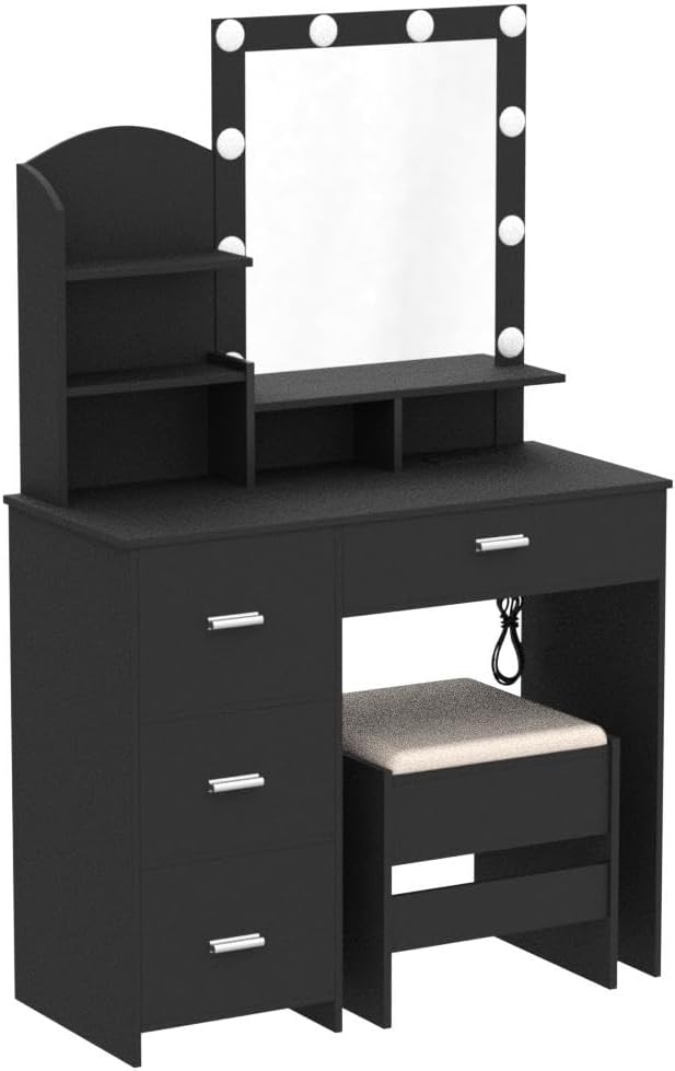 Quimoo Makeup Vanity with 10 Light Bulbs and Charging Station, Vanity Desk with Lighted Mirror & 4 Drawers, Vanity Table Set with Cushioned Stool, Black