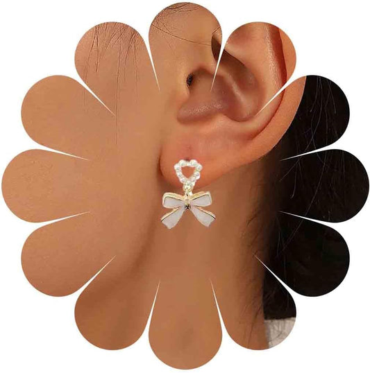 Vintage Pearl Bow Dangle Earrings Pearl Heart Earrings Gold Pearl Bow Stud Earrings Pearl Heart Bridal Earrings Jewelry for Women