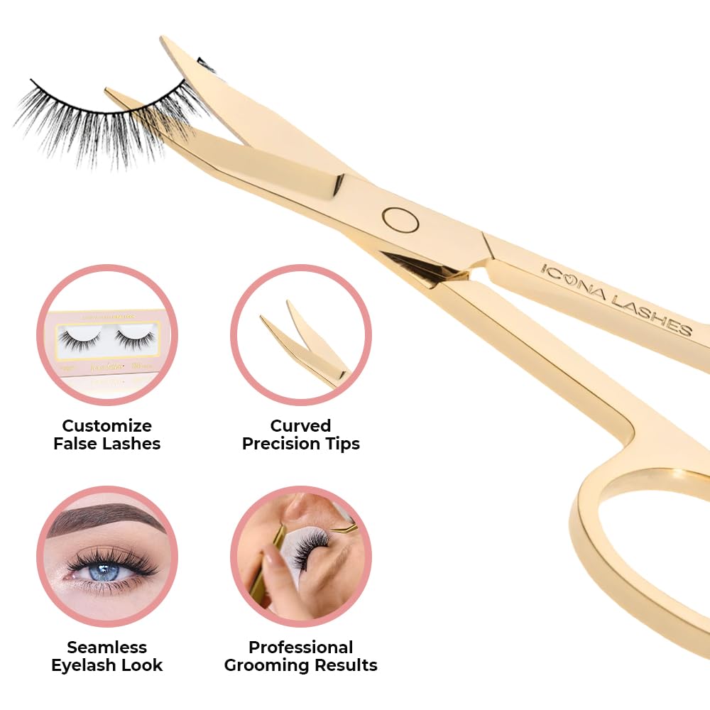 Eyelash Scissors - 24K Gold-Plated Stainless Steel Lash Scissors for Cutting False Lashes - Curved Scissors with Precision Tips for Trimming Cuticle, Eyebrow, Beard, Facial & Nose Hair