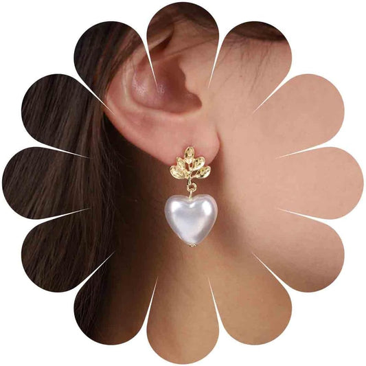 Vintage Pearl Heart Dangle Earrings Heart Pearl Drop Earrings Gold Leaf Stud Earrings Heart Love Earrings Jewelry for Women