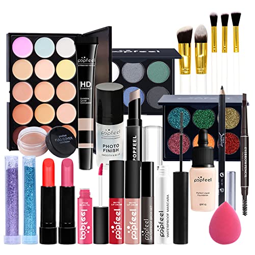 All-in-one Makeup Set Holiday Gift | Full Makeup Kit for Women Essential Starter Bundle Include Eyeshadow Palette Lipstick Blush Cream Concealer Face Powder Eyeliner Mascara Lipgloss Brush