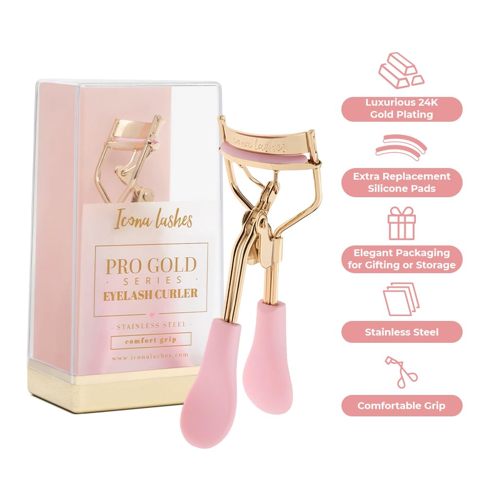 Eyelash Curler - 24K Gold-Plated Stainless Steel Precision Eye Lash Curler for Lush, Luxurious Lashes - Silicone Eyelash Curler Pads, Ergonomic Cushioned Handles - with Replacement Pads