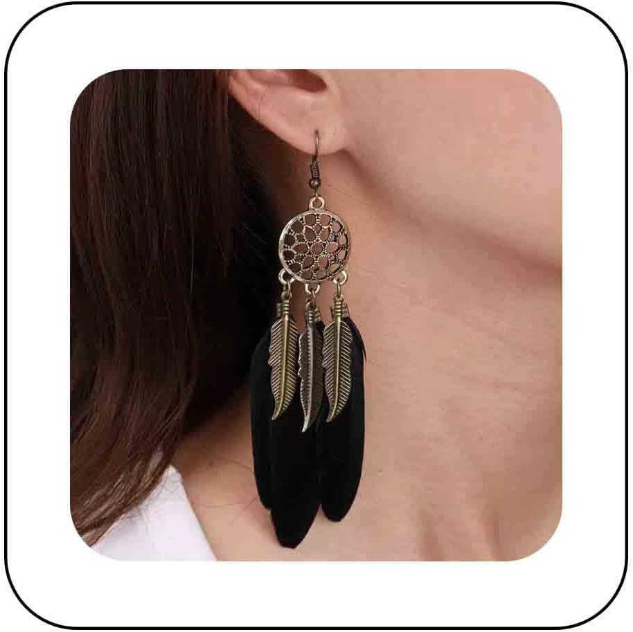 Boho Black Feather Dangle Earrings Long Feather Tassel Earrings Vintage Tribal Feather Earrings Gold Feather Drop Earrings Jewelry for Women