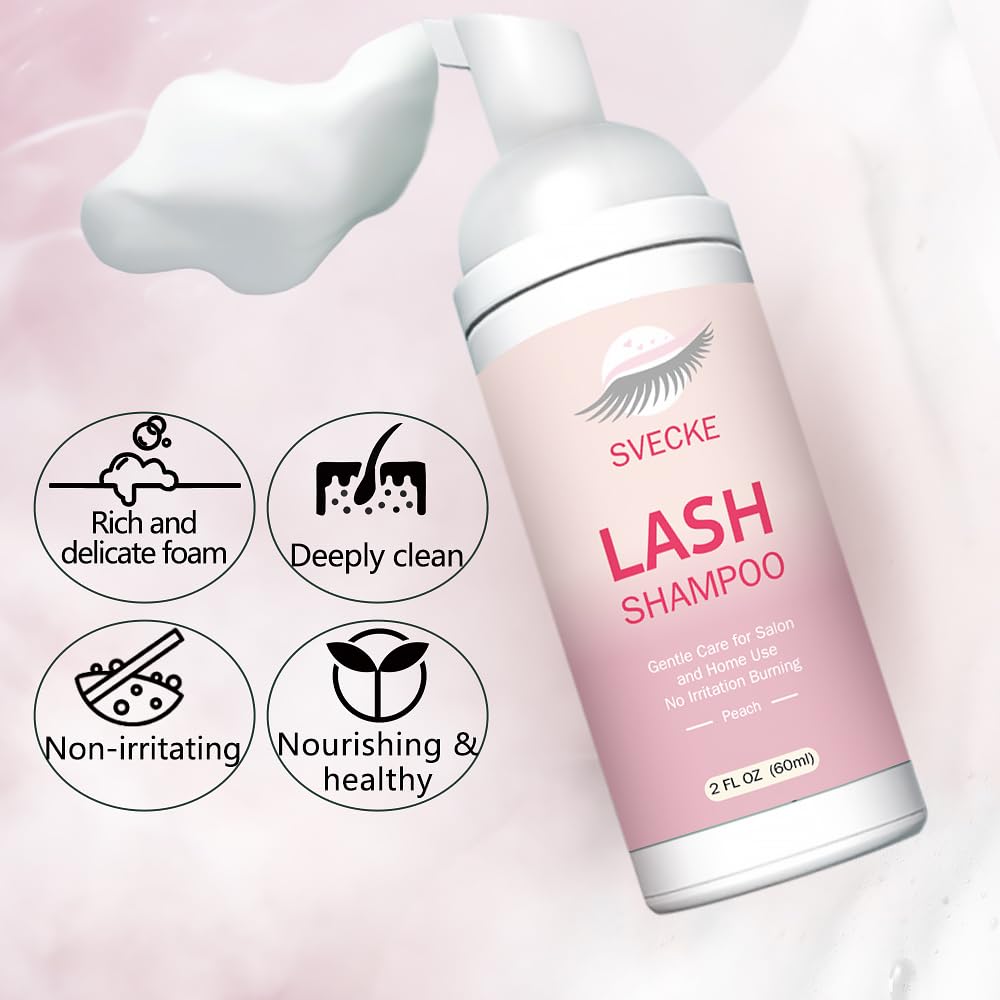 Lash Shampoo Kit Eyelash Extension Cleanser, Eyelash Shampoo for Lash Extensions, Lash Cleaner Eyelid Foam Cleaning Kit for Salon Home Use (Peach)
