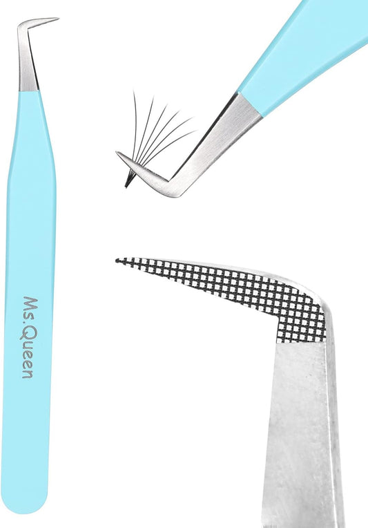 Ms.Queen Volume Tweezers For Eyelash Extensions, Fiber Tip Grip Lash Tweezers L-Shape Boot Mega Volume Mink Lashes Tweezers, Blue