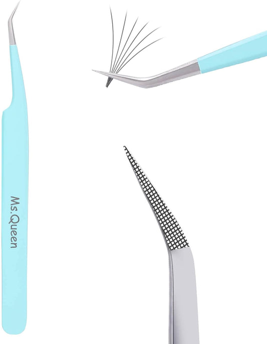 Ms.Queen Eyelash Extensions Tweezers,Professional Fiber Tip 45 Degree Lashing Tweezers for Volume Lash Extensions, Blue