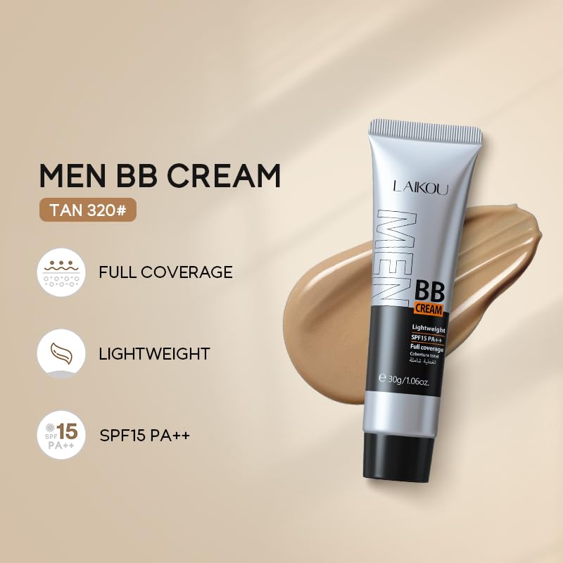 AKARY Hydrating Men BB Cream SPF 15 PA++, Full-Coverage Foundation&Concealer, Mens Face Moisturizer Cream Evens Skin Tone, Oil Control and Cover Flaws, Natural Finish for All Skin Types, Tan 320