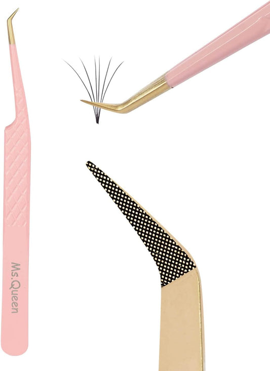 Ms.Queen Tweezers for Lash Extensions,Precision 45 Degree Lash Tweezers for Volume Classic Lashes Premade Fans