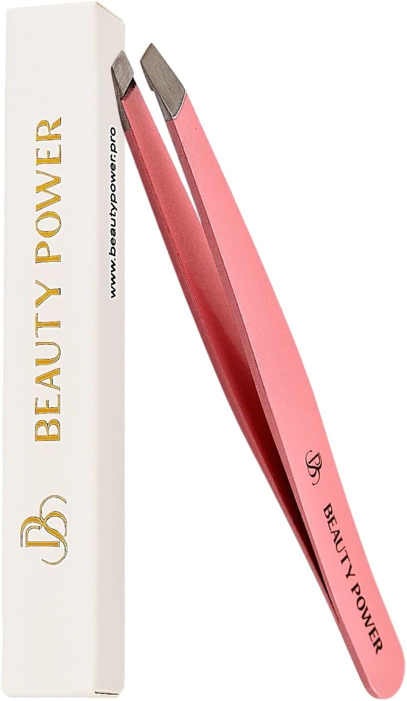 Slant Tip Precision Tweezers - Stainless Steel Eyebrow Tweezers for Women & Men - Precision Tweezers for Facial Hair, Ingrown Hair & Brow Shaping - Professional Beauty Tool (Pink)