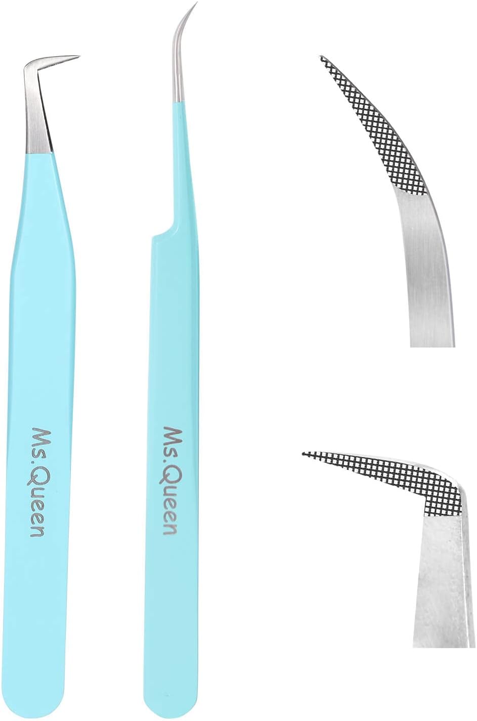 Ms.Queen Eyelash Extension Tweezers Set - Fiber Tip Isolation & 90 Degree Mega Volume Tweezers, Blue