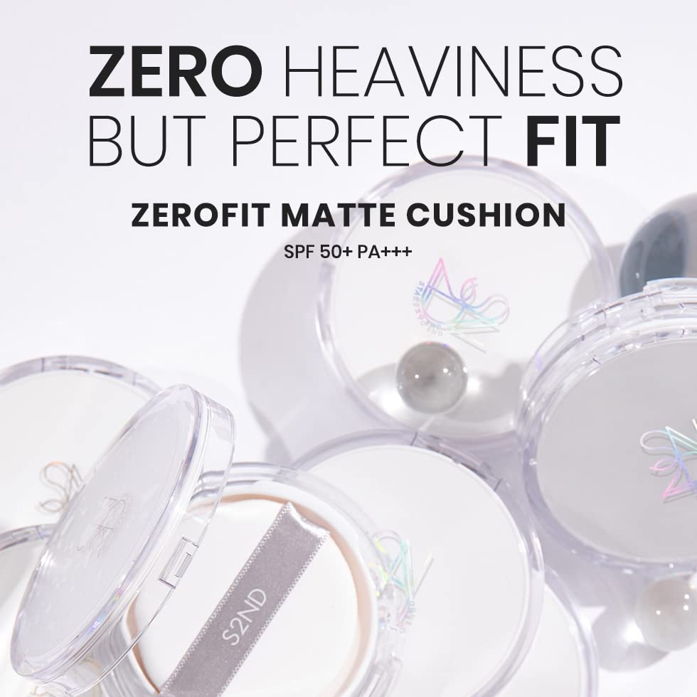 S2ND Zero Fit Matte Cushion Natural Coverage Foundation Air Cushion, Long-Lasting Hydrating Compact (#Pure Light (#17~19))
