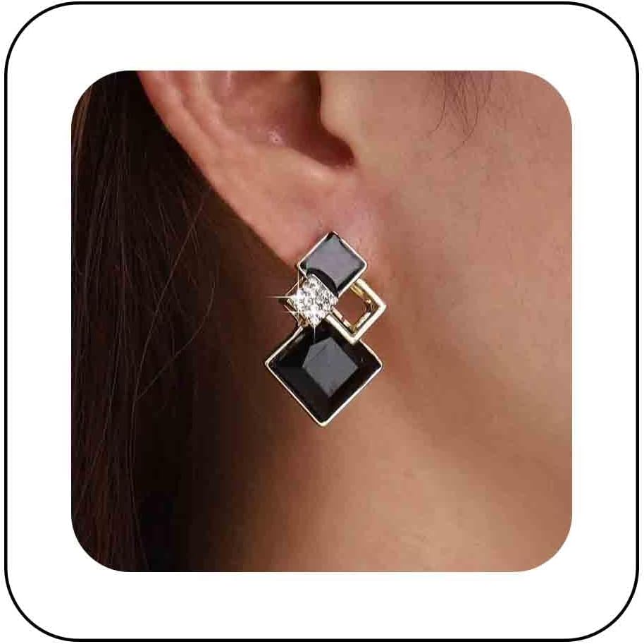 Vintage Crystal Square Drop Earrings Black Square Stud Earrings Gold Hollow Square Dangle Earrings Black Onyx Square Earrings Jewelry for Women