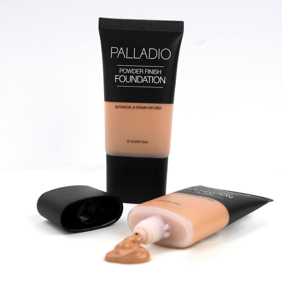 Palladio Powder Finish Liquid Foundation, Natural Matte Appearance, Reduces Fine Lines, Covers Large Pores, Hides Imperfections, All Day Wear, Sheer to Medium Coverage, Caramel