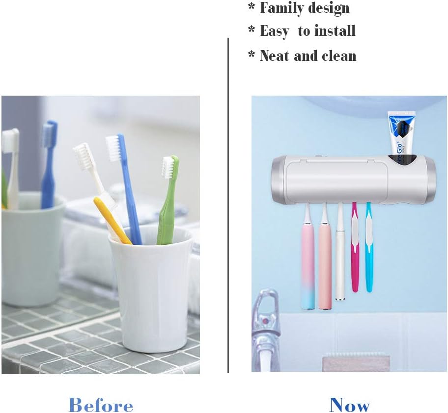 SARMOCARE Toothbrush Holder Cleaner with Fan Drying & 6min Timing Function, 5 Toothbrush Slots, Rechargeable Bathroom Wall Mounted Fit Sonic and Manual Toothbrushes