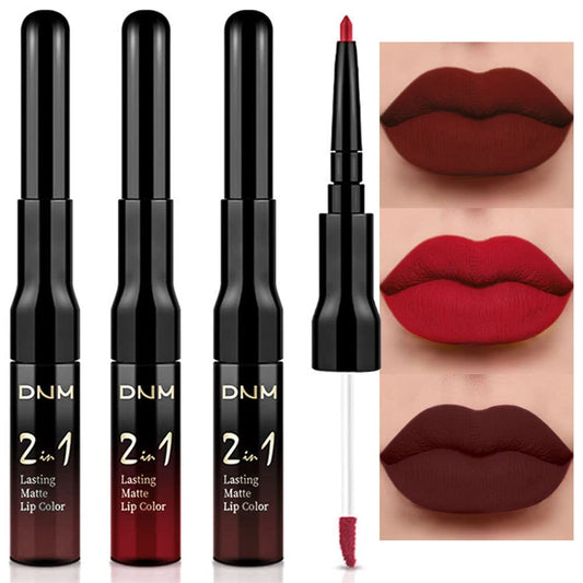 evpct 3Pcs Dark Brown Ruby Deep Red Matte Lip Liner Pencil and Liquid Lipstick Sets for Women Long Lasting Waterproof, 24 Hour Lipstick Lip Stick/Gloss Set labiales mate 24 horas originales, 02