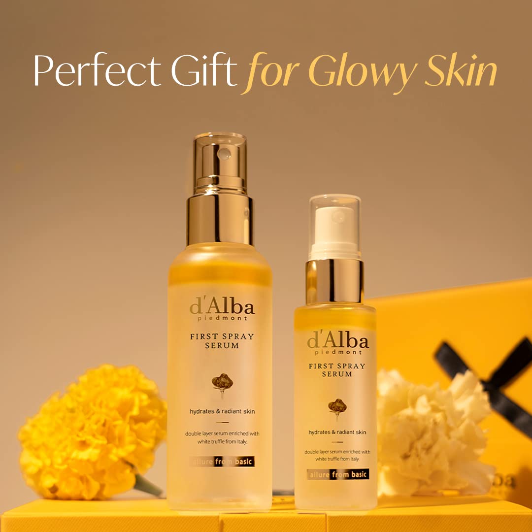 d'Alba Travel Essencial Gift Set, White Truffle First Spray Serum Full Size & Travel Size with Yellow Pouch, Korean Skin Care