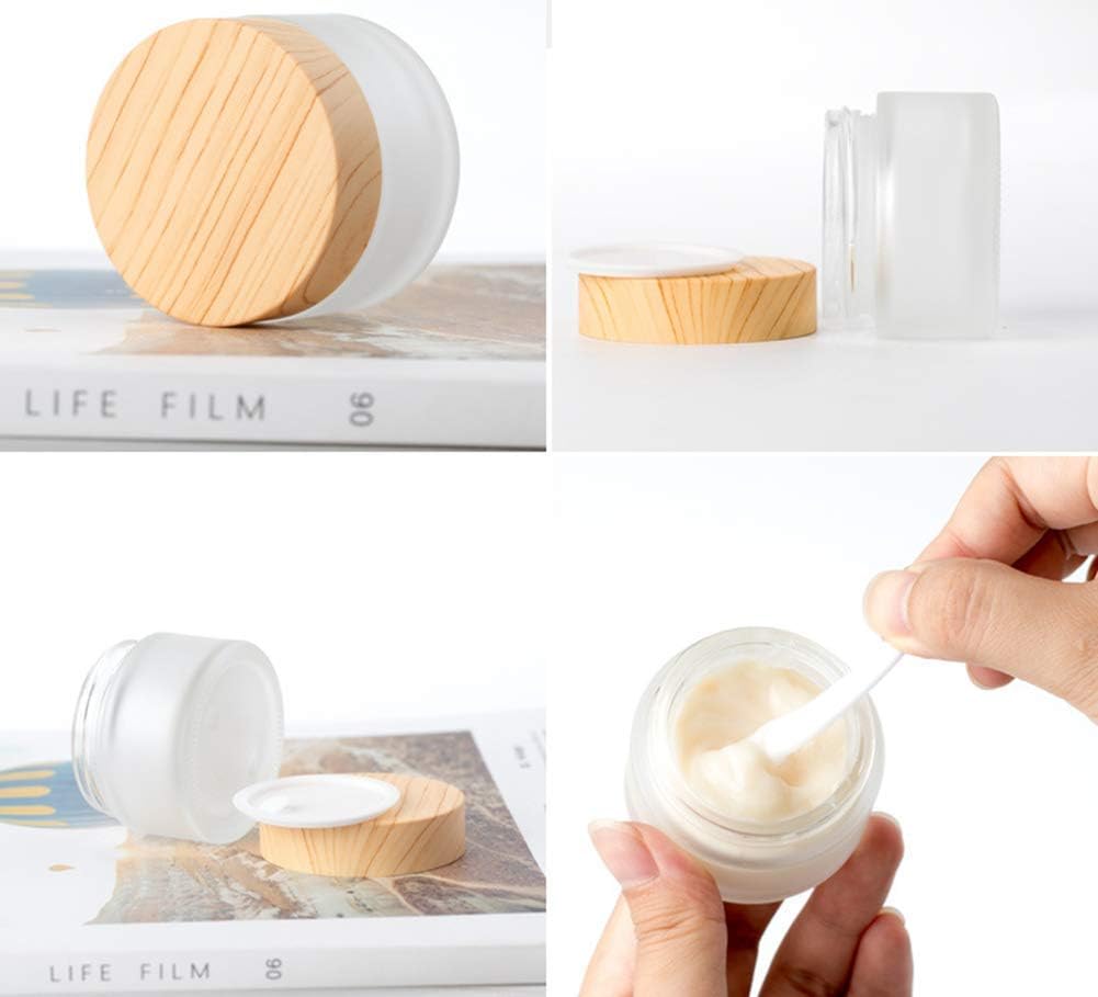 50 Gram/50 ml Empty Sample Jars Round Frosted Glass Bottle Cosmetic Cream Jar Wood Grain Lid Cosmetic Container Glass Cream Box Refillable Cream Pot Jars for Lip Balm Lotion Eyeshadow,4 Pack