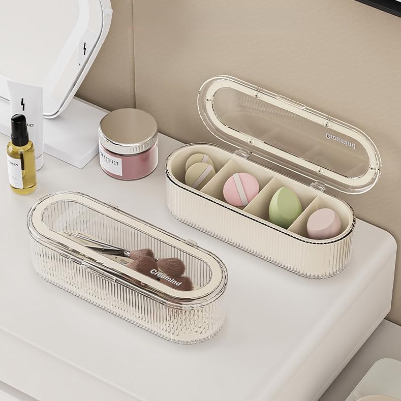 Makeup Brush Holder Organizer, Clear Acrylic Makeup Sponges Organizer, Cosmetic Storage Case with Lid, Display Case for Vanity