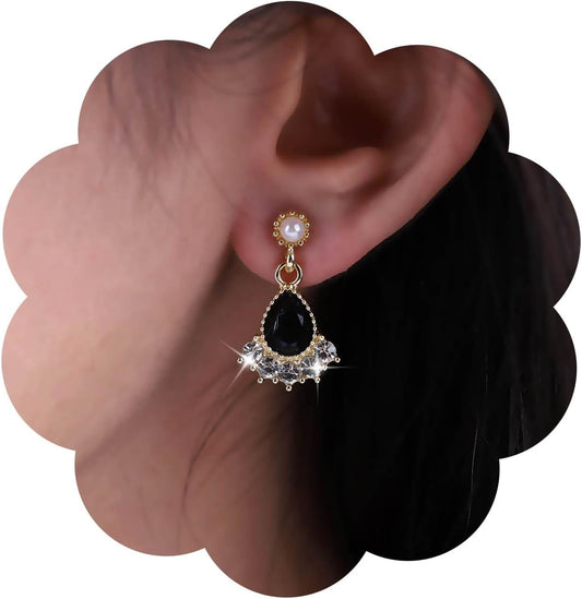Vintage Black Crystal Teardrop Earrings Crystal Tassel Drop Earrings Gold Pearl Stud Earrings Black Onyx Earring Jewelry for Women