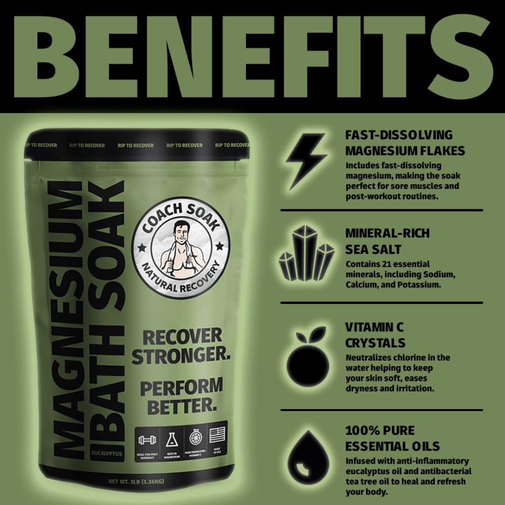 Coach Soak: Recovery Bath Soak – Rejuvenating Post Workout Natural Magnesium Flakes - 21 Minerals, Essential Oils & Dead Sea Bath Salts - Absorbs Faster Than Epsom Salts, 3lbs (Eucalyptus Tea Tree)