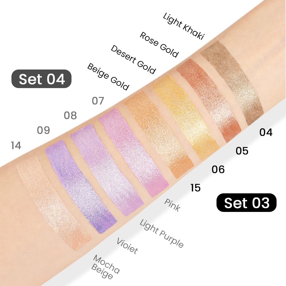 Kaely 4Pcs Metallic Shimmer Eye Shadow Sticks Set, Pink Light Purple Vioiet Mocha Beige, Eyeliner Pencil Eyeshadow Palette Halloween Makeup, Eye Highlighter Brightener Stick for Women