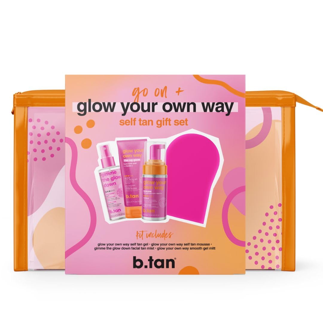 b.tan Clear Self Tanning Gel Travel Size Kit | Glow Your Own Way Gift Set - Includes Mini Dark Fake Tanner Mousse, Gradual Bronzing Face Mist, Express Transfer Free Tan Gel, & Applicator Mitt