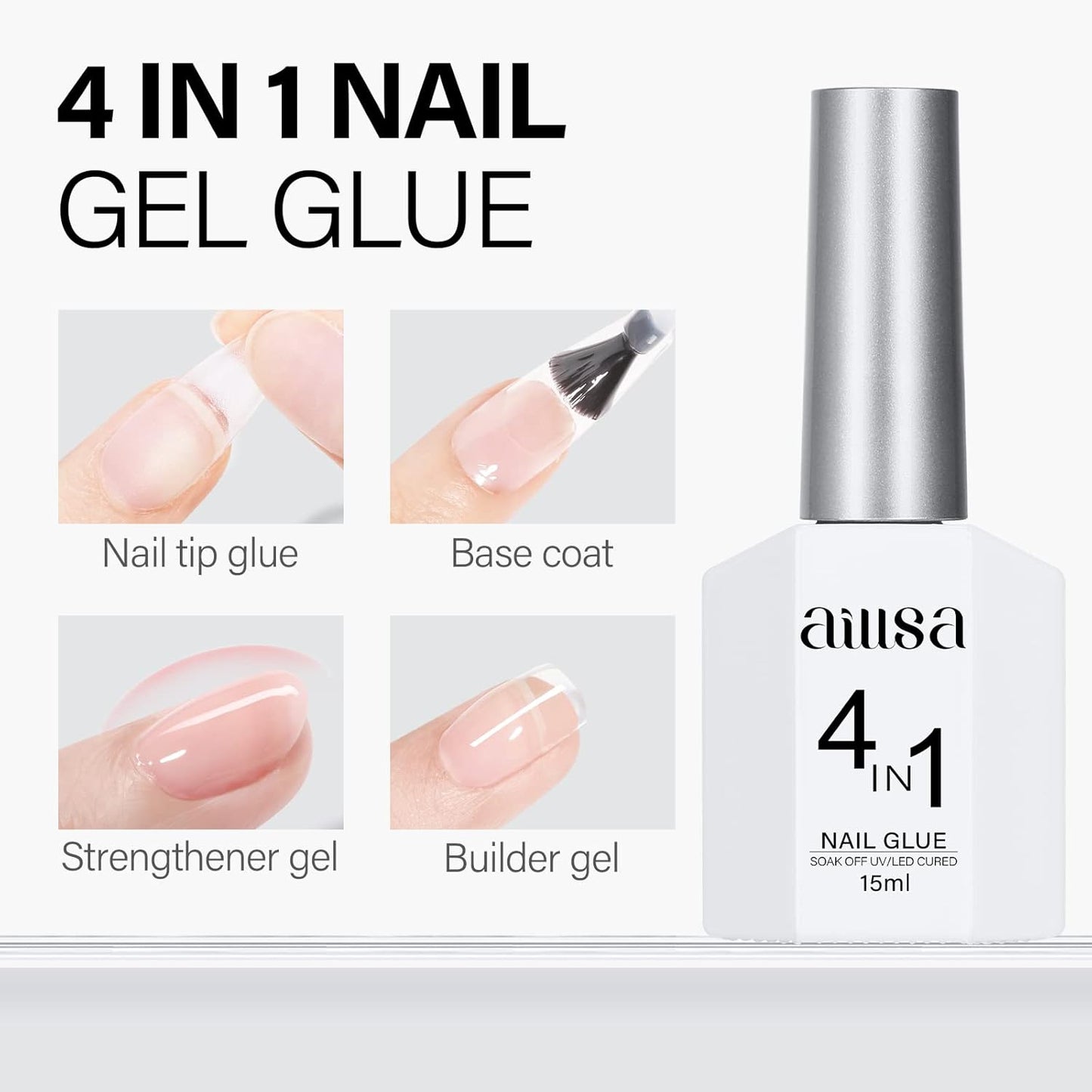 AILLSA 2PCS Gel Nail Glue for Acrylic Nails, 4 in 1 Super Strong Adhesive for False Tips, UV Curing Needed, 15ml High Capacity Extension Brush On for Rhinestone Pearl Foil
