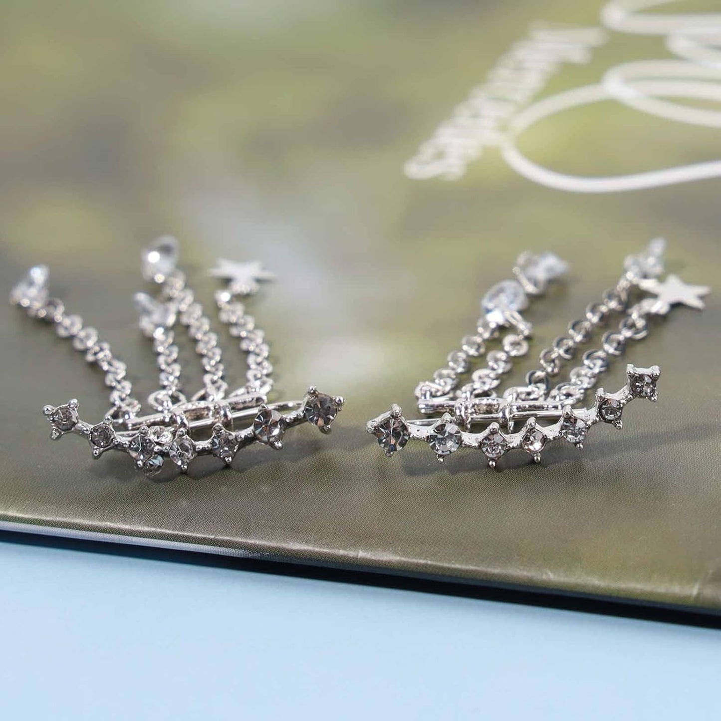 Boho Star Ear Jacket Earrings Gold Cz Star Ear Climber Earrings Crystal Chain Tassel Earrings Crystal Ear Crawler Long Chain Earrings Jewelry for Women and Girls Gifts