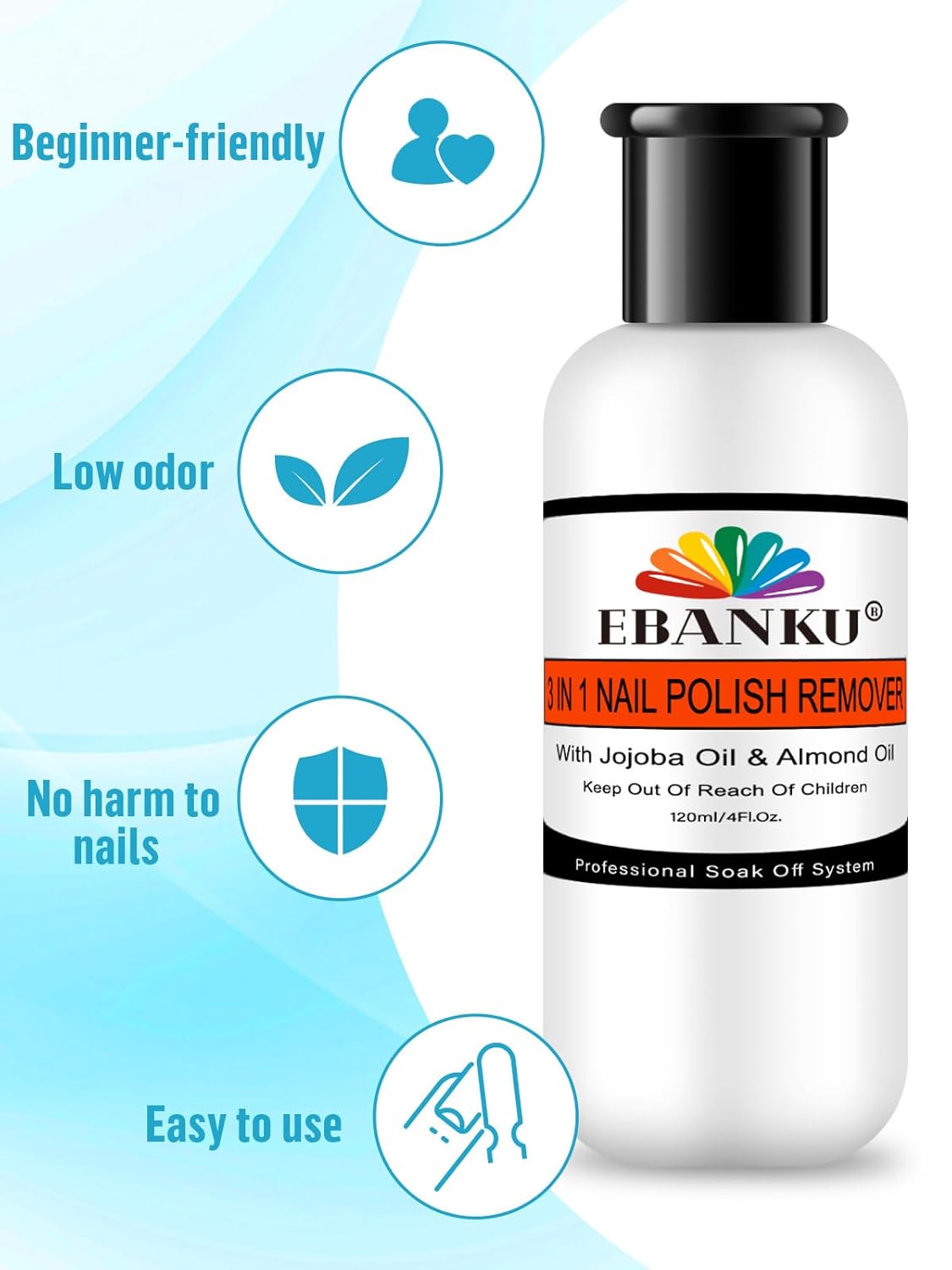 EBANKU Nail Polish Remover Kit, 120ML Professional Soak off Gel Remover with 50pcs Nail Foil and Tools for Nail Moisturizing & Care, Acrylic Dip Powder Nails Remover