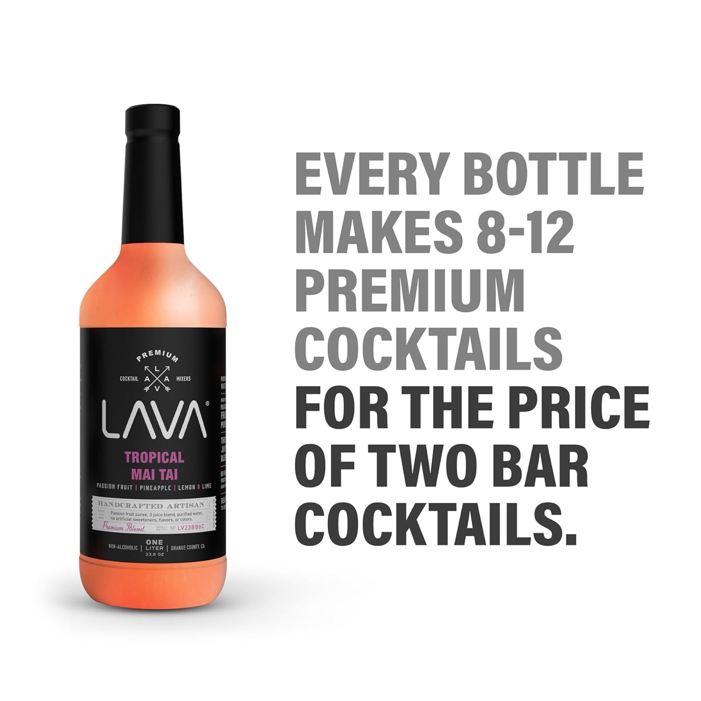 LAVA Premium Tropical Mai Tai Mix made with real passion fruit, pineapple, lemon and lime, no artificial sweeteners, 1-Liter (33.8oz) Glass Bottle, Ready to Use.