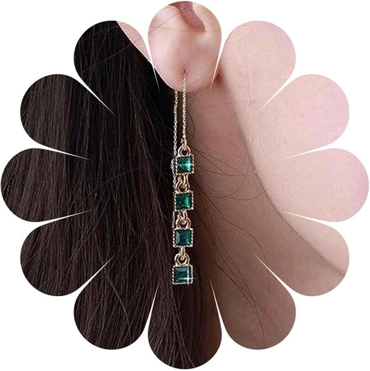 Vintage Crystal Emerald Threader Earrings Emerald Square Stud Earrings Long Chain Tassel Dangle Earrings Gold Bar Pull Through Earrings Jewelry for Women