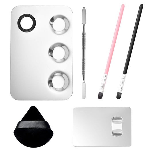 Stainless Steel Cosmetic Palette with Spatula, 3-well Mixing Makeup Palette and 3-dents Nail-art Mixer Metal Tray, also Fine Eyeliner Brush and Powder Puffs .Professional Makeup Palette with Spatula