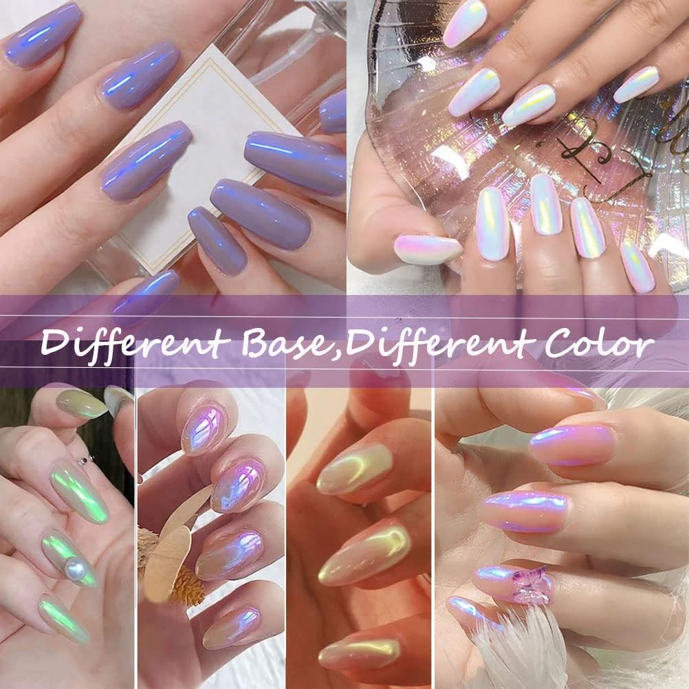 7 Colors Chrome Nail Powder Aurora Metallic Holographic Mirror Effect Dip Nail Powder Kit, White Pearl Iridescent Shell Powder Glitter Nail Art Pigment Manicure for Nails