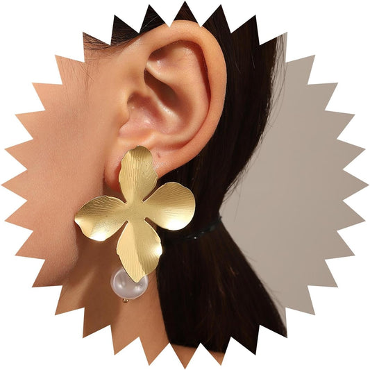 Boho Big Flower Drop Earrings Vintage Gold Floral Petal Dangle Earrings Statement French Flower Pearl Drop Earrings Studs Wedding Bridesmaid Earrings Jewelry for Women