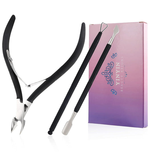YINYIN Professional Cuticle Trimmer with Pusher and Cutter - Stainless Steel Cuticle Clippers for Fingernails and Toenails (Black)