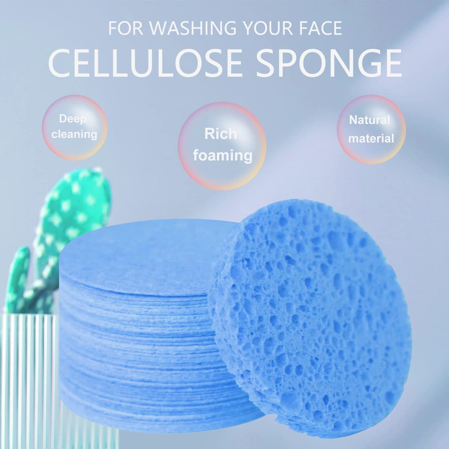 50-Count Facial Sponges Compressed Natural Cellulose Sponge Round Shape Face Sponge for Face Cleansing Exfoliating and Makeup Removal, Blue