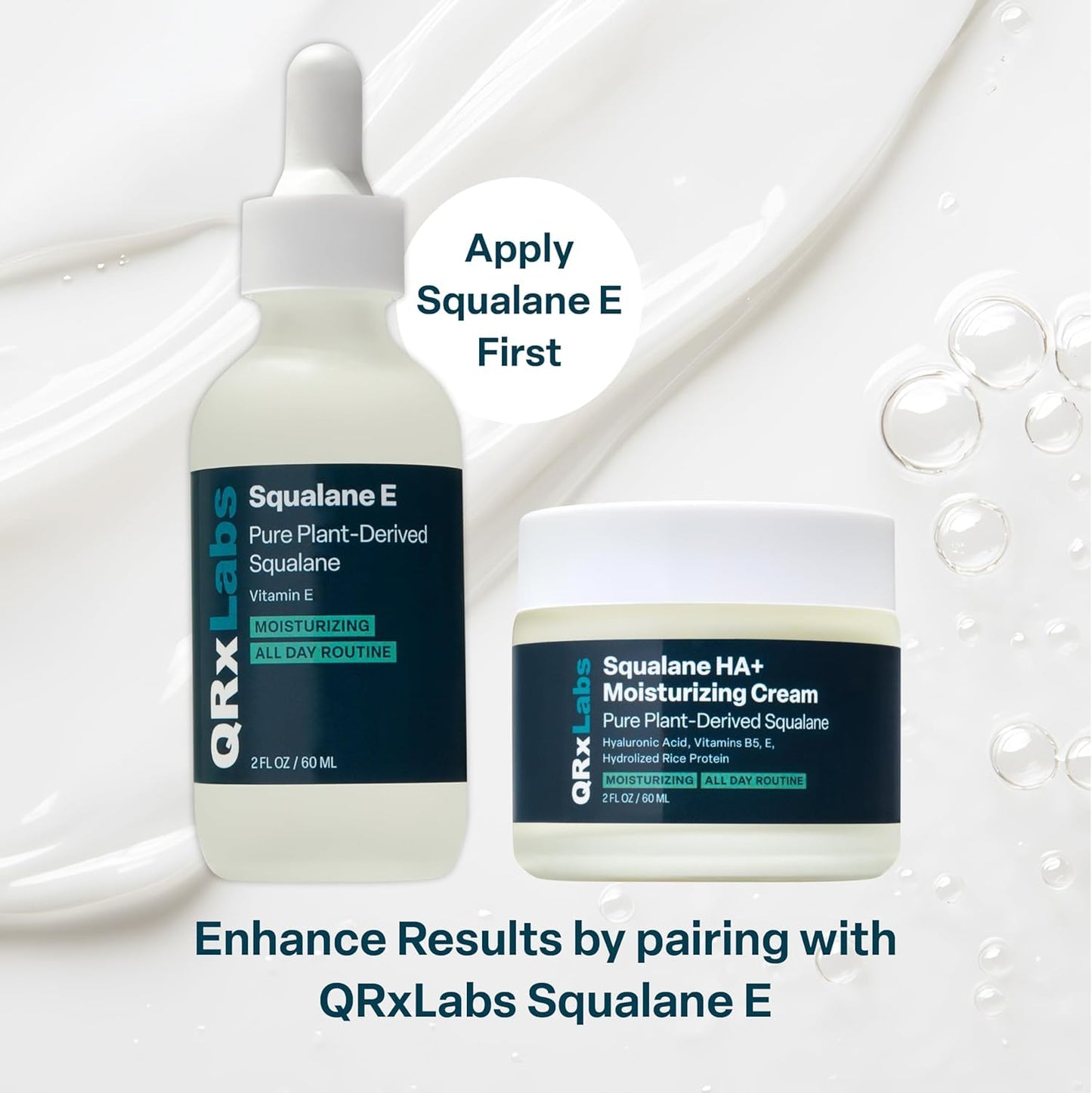 QRxLabs Pure Plant-Based Squalane Duo: Oil & Cream. Certified Organic ECOCERT/USDA, Sugarcane-derived. Nourishes Face, Body, Skin, & Hair - 2 fl oz / 60 ml eac
