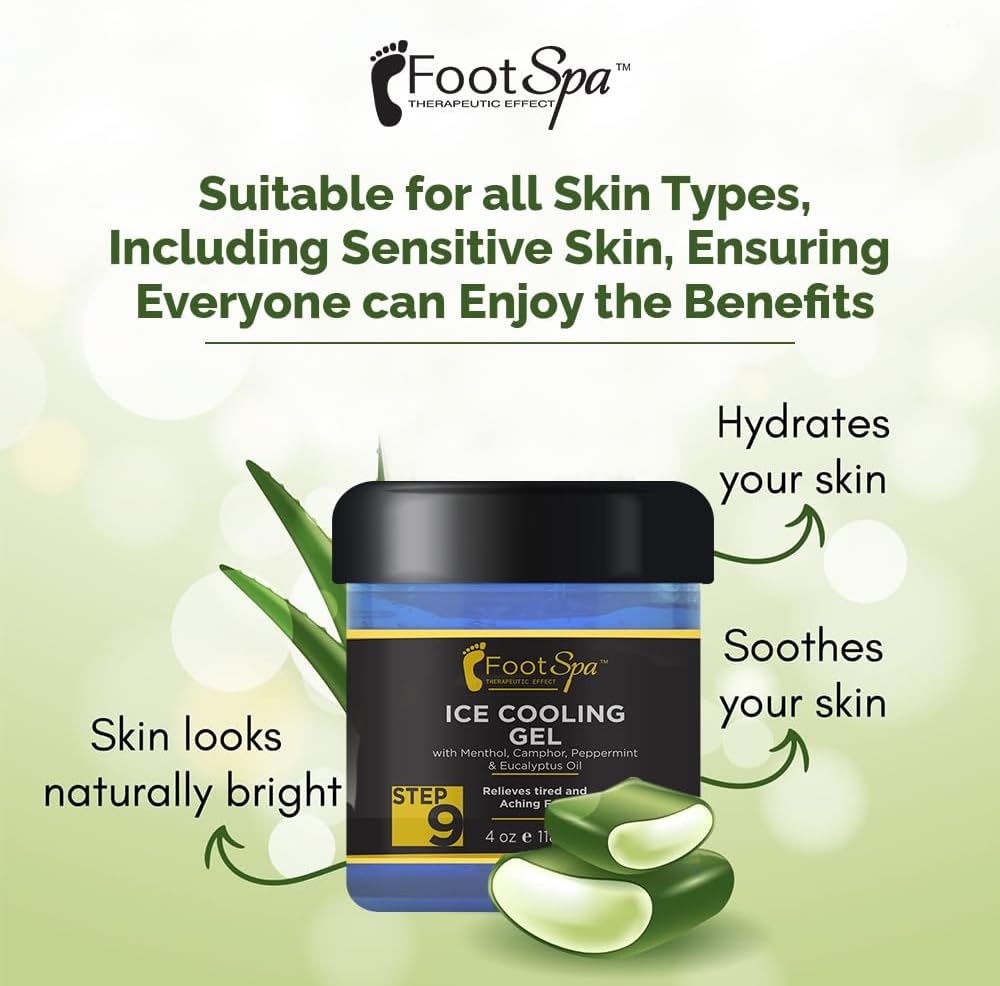 Foot SPA - Massage Cooling Gel for Pedicure Treatment with Menthol, Camphor, Peppermint and Eucalyptus Oil, Professional Strength Foot and Leg Ice Cooling Gel Therapy, Relives Tired Aching Feet, 4 oz