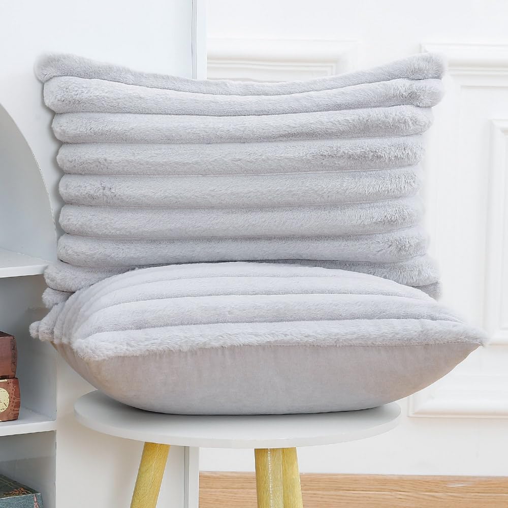 MADIZZ Set of 2 Faux Wool Plush Decorative Throw Pillow Covers 12x20 Inch Light Grey Fluffy Striped Soft Decorative Cushion Cover for Sofa Bedroom Pillow Shell