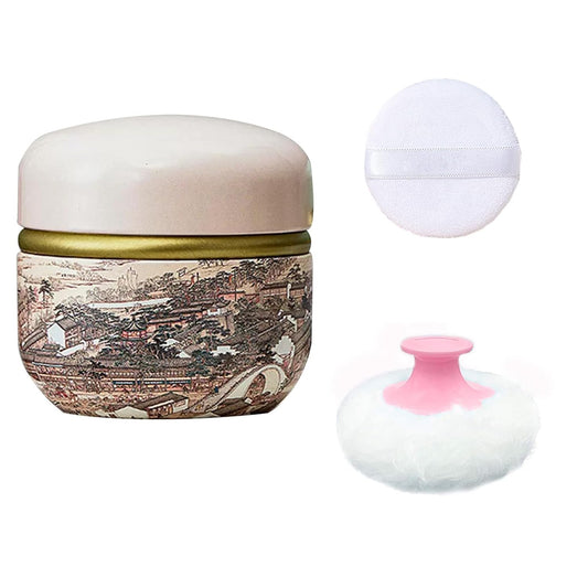 Body Powder Puff and Container for Dusting Powder, Women Powder Puff and Powder Case for Bath and Travel (Ancient City)