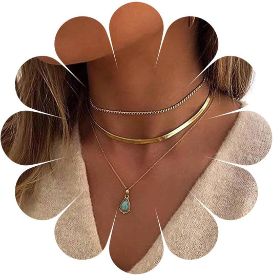 Vintage Layered Turquoise Necklace Turquoise Pendant Necklace Blue Stone Bead Choker Necklace Gold Snake Herringbone Chain Necklace Jewelry for Women