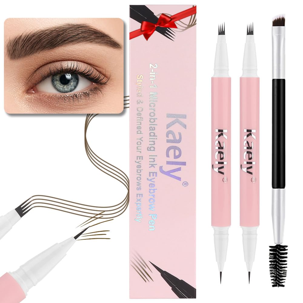 evpct 2Pcs Black Brown Magic Microblading Dual-Ended Eyebrow Contouring Pen Brow Pencil, with 4 Brush Micro-Fork-Tips Applicator and Precise Brush-Tip Hair Like Strokes, Dual-ended Eyebrow Brush