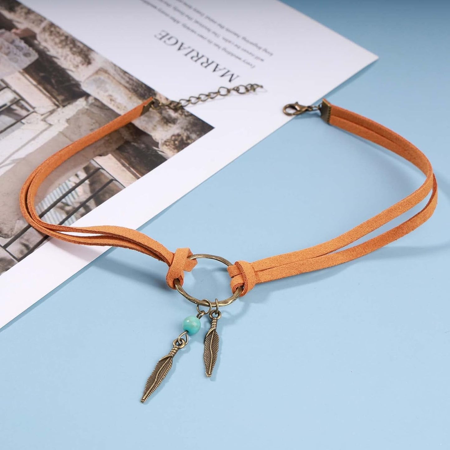 Boho Layered Suede Choker Necklace Tiny Leaf Pendant Necklace Chain Brown O Ring Leather Choker Necklace Turquoise Bead Necklace Chain Jewelry for Women and Girls