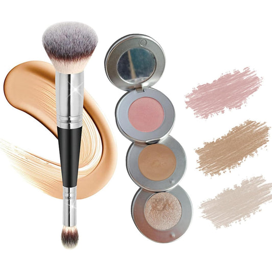 Blush Contour and Highlighter Palette, 3 in 1 Face Contouring, Pink Blusher for Cheeks and Natural Glitter Highlighter Powder Makeup Palet with Brush and small Mirror, Compact Stackable