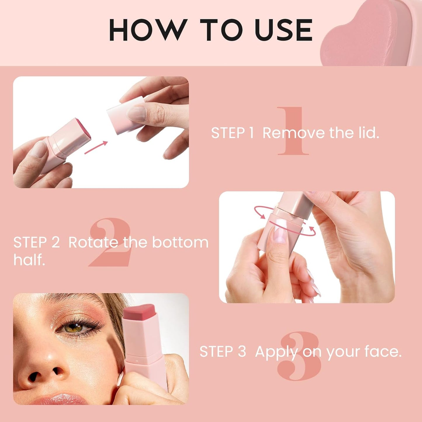 Blush Stick for Cheeks, Cream Blush with Heart-shaped, Blush Face Stick Multi-Use Lip and Cheek Tint, Waterproof Lightweight Easy to Blend Cream Blusher Makeup - Rose