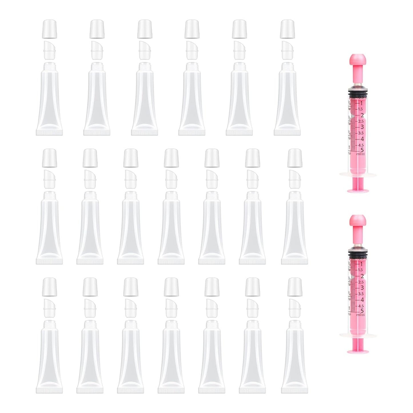 20 PCS Empty Lip Gloss Tubes - 10ml Clear Lip Balm Tubes with 5ml Syringes - Refillable Squeeze Lip Balm Containers - Mini Cosmetic Soft for DIY Lip Gloss and Travel Toiletries