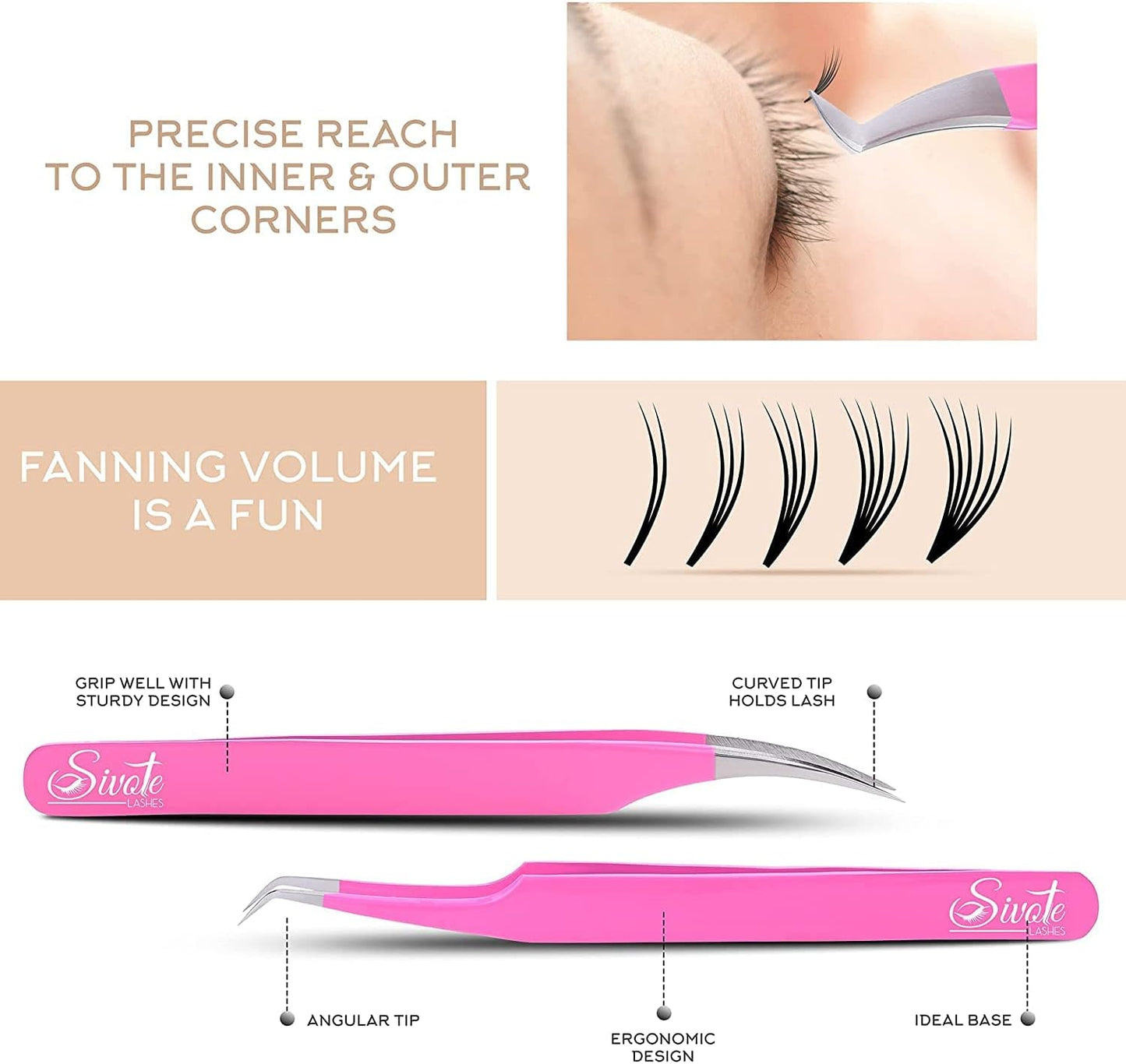 SIVOTE Eyelash Extension Tweezers for Classic & Volume Lashes, 5-Pack, Pink