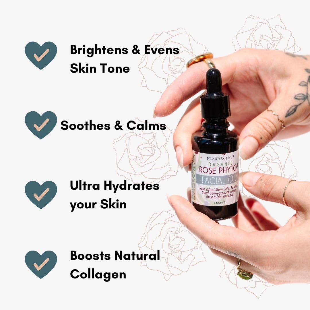 Organic Rose Phyto Facial Oil - Rosehip and Argan Oil Infused with Rose Extract and Frankincense Essential Oil - Ideal for Gua Sha Massage, Anti-Aging Face Oil (1oz)