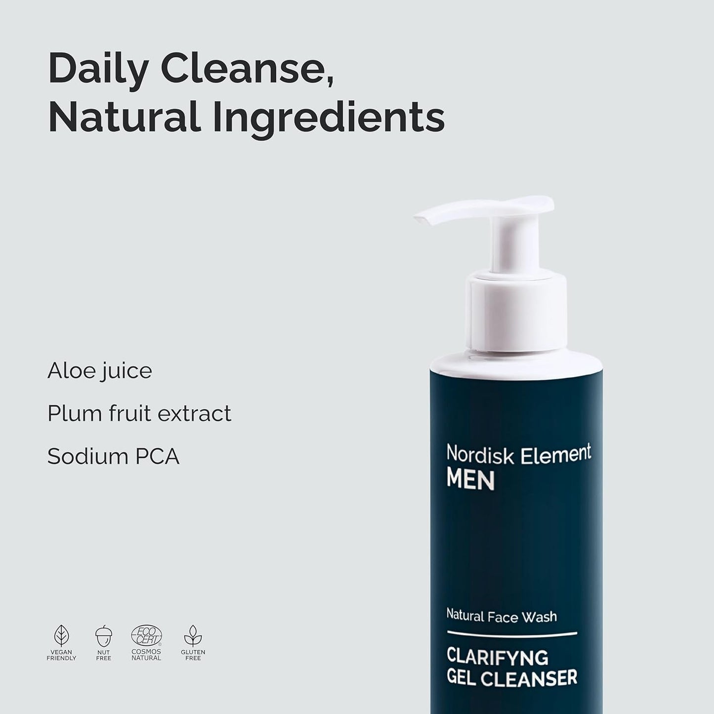 Nordisk Element Clarifying Gel Cleanser for Men with Plum Extract, Gentle Daily Face Wash for All Skin Types, Non-Stripping and pH Balanced, 100% Natural, Vegan, Sulfate-Free, 6.76 Fl Oz